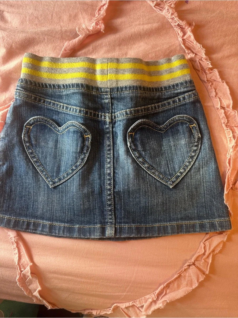 Mini Boden Blue Denim Skirt with Yellow Stripe Waistband and Pink Drawstring